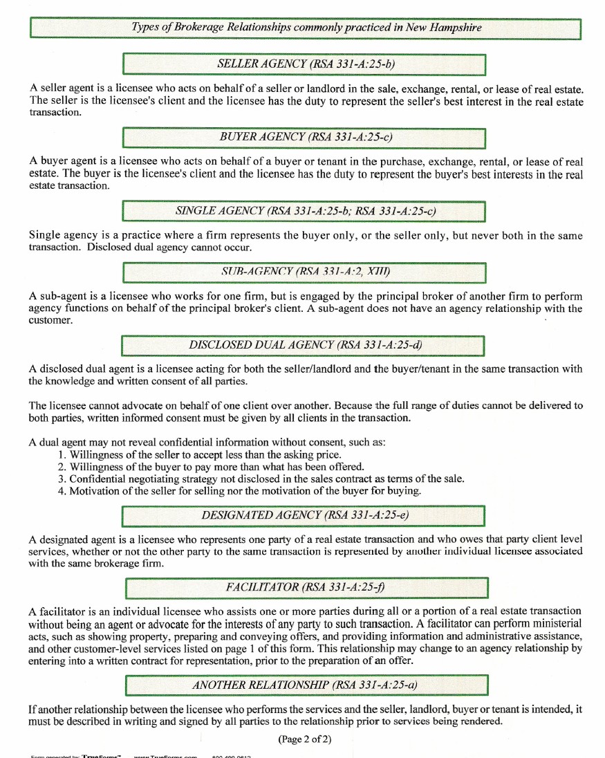 NH Brokerage Relationship Disclosure Manchester NH Real Estate